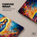 A panoramic devotional painting of Mary of Guadalupe standing in prayer with hands clasped, draped in a blue mantle with delicate star patterns and surrounded by a radiant golden aura, set against a richly textured background of deep blues, warm tones, and blooming roses that create a luminous and reverent composition.