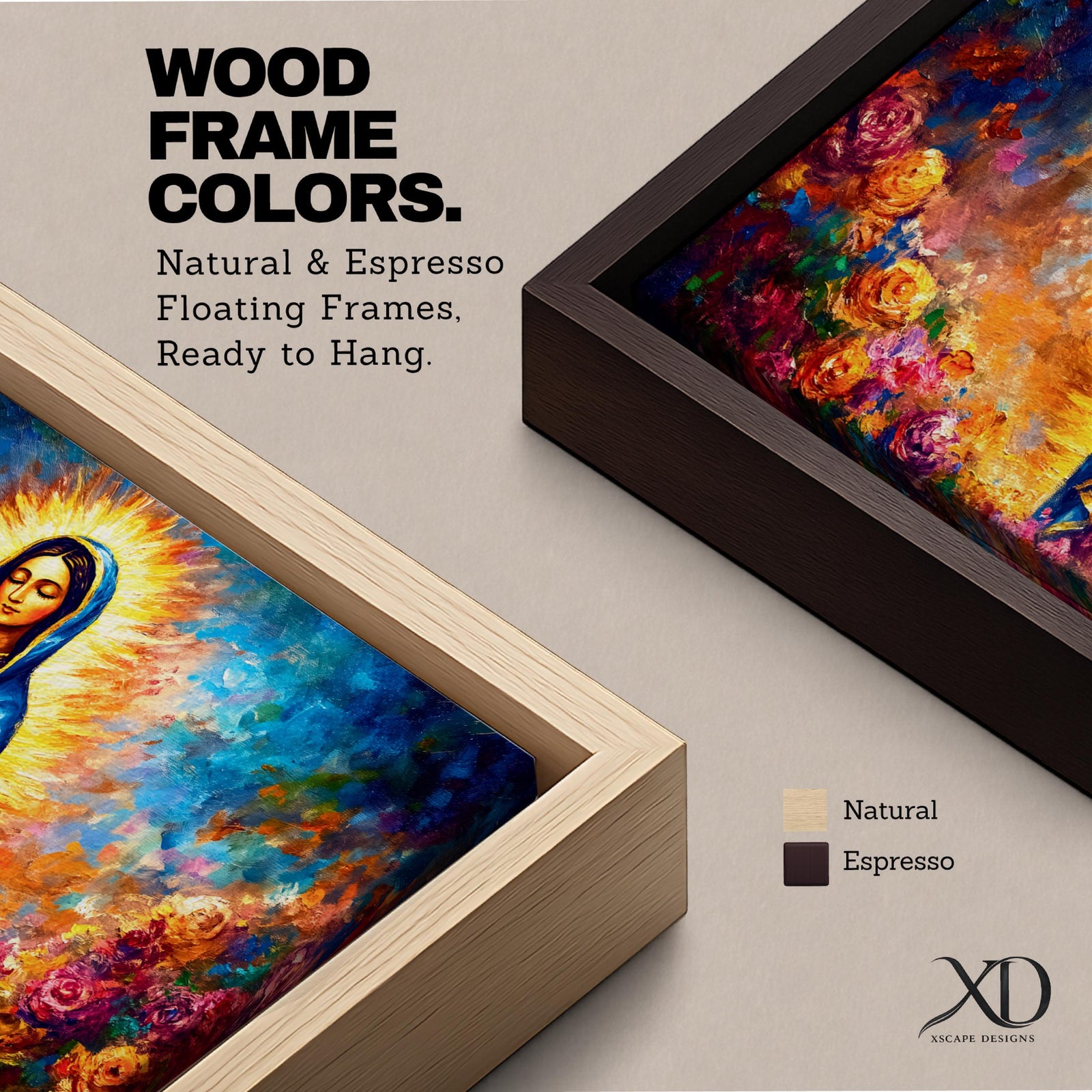 A panoramic devotional painting of Mary of Guadalupe standing in prayer with hands clasped, draped in a blue mantle with delicate star patterns and surrounded by a radiant golden aura, set against a richly textured background of deep blues, warm tones, and blooming roses that create a luminous and reverent composition.
