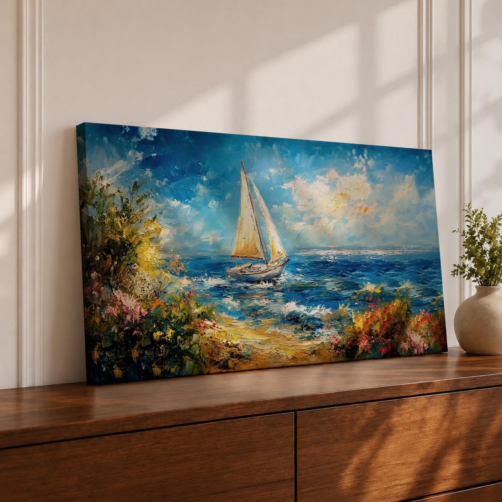 A panoramic impressionist style painting of a sailboat gliding across a sunlit ocean, with textured brushstrokes capturing rolling blue waves, a bright sky with scattered clouds, and a vibrant coastal shoreline filled with blooming flowers and greenery, creating a dynamic seaside composition full of movement and light.