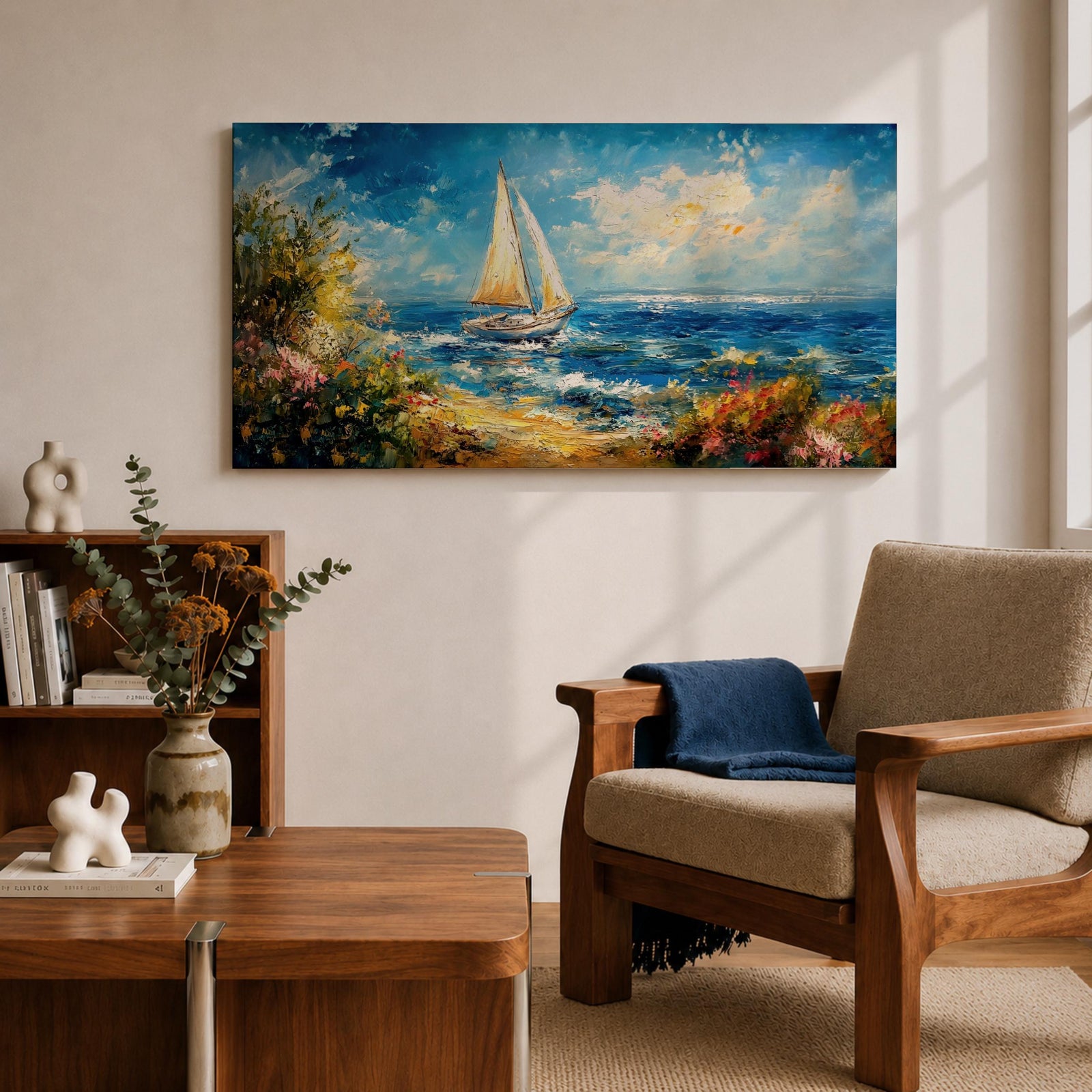 A panoramic impressionist style painting of a sailboat gliding across a sunlit ocean, with textured brushstrokes capturing rolling blue waves, a bright sky with scattered clouds, and a vibrant coastal shoreline filled with blooming flowers and greenery, creating a dynamic seaside composition full of movement and light.