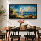 A panoramic impressionist style painting of a sailboat gliding across a sunlit ocean, with textured brushstrokes capturing rolling blue waves, a bright sky with scattered clouds, and a vibrant coastal shoreline filled with blooming flowers and greenery, creating a dynamic seaside composition full of movement and light.