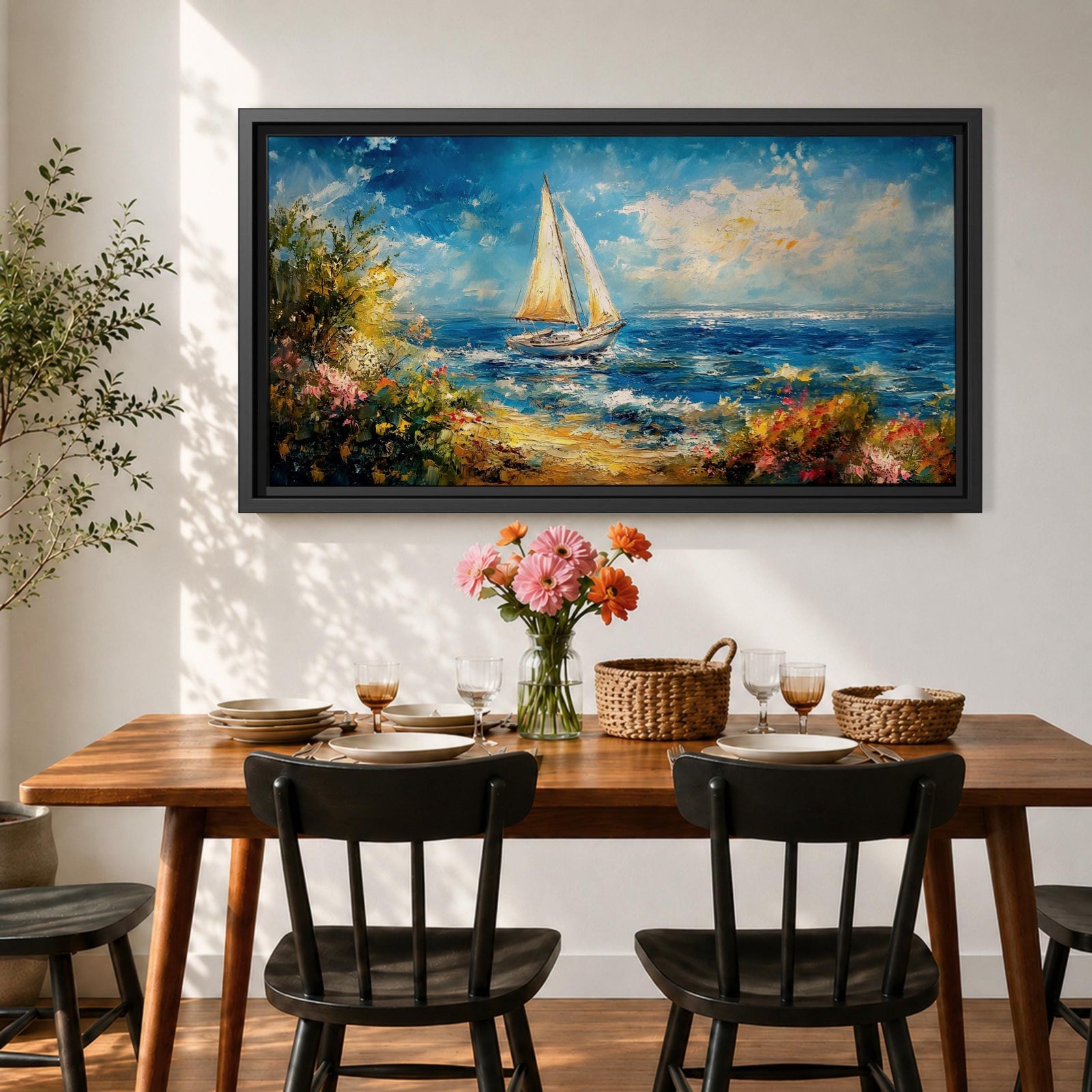 A panoramic impressionist style painting of a sailboat gliding across a sunlit ocean, with textured brushstrokes capturing rolling blue waves, a bright sky with scattered clouds, and a vibrant coastal shoreline filled with blooming flowers and greenery, creating a dynamic seaside composition full of movement and light.