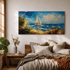 A panoramic impressionist style painting of a sailboat gliding across a sunlit ocean, with textured brushstrokes capturing rolling blue waves, a bright sky with scattered clouds, and a vibrant coastal shoreline filled with blooming flowers and greenery, creating a dynamic seaside composition full of movement and light.