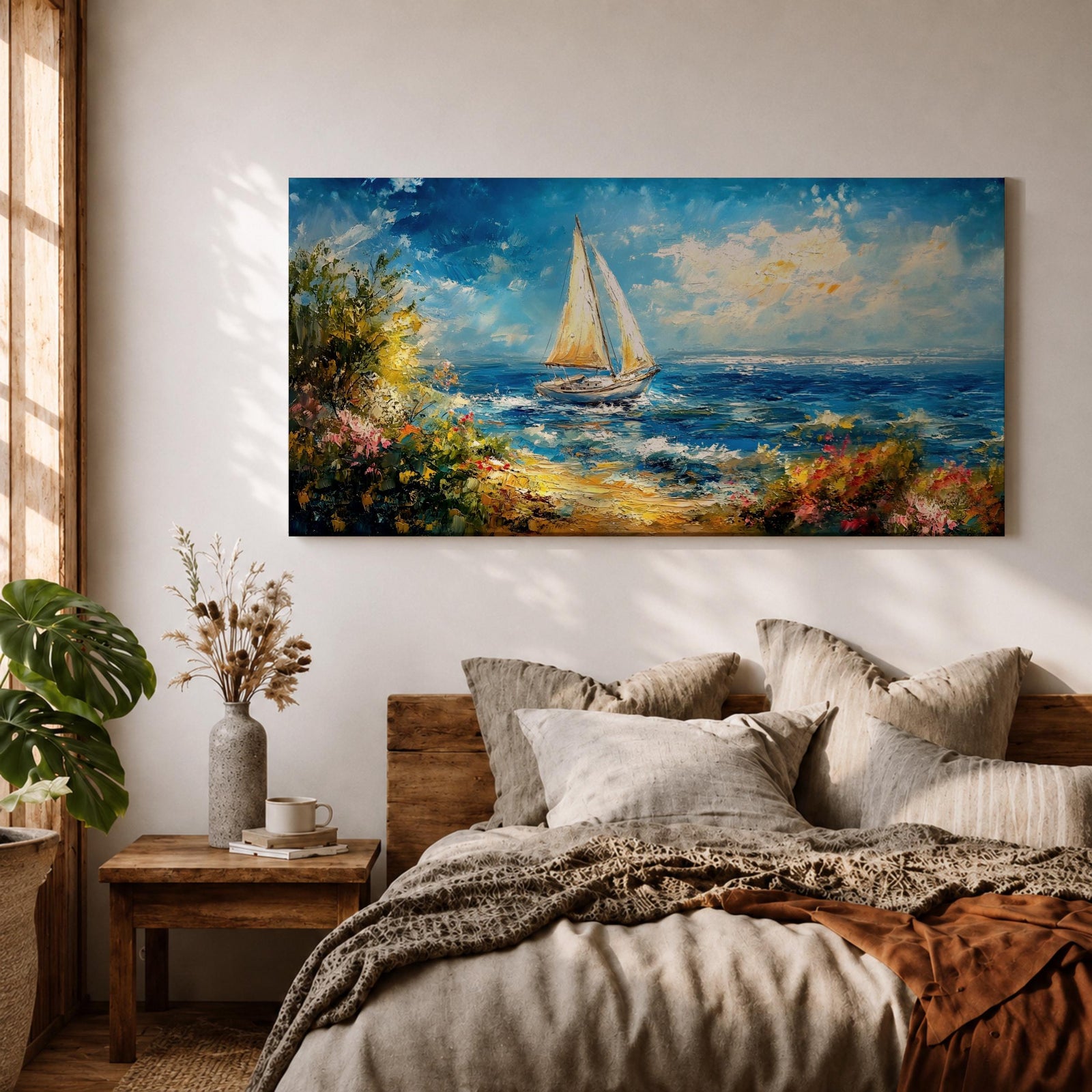 A panoramic impressionist style painting of a sailboat gliding across a sunlit ocean, with textured brushstrokes capturing rolling blue waves, a bright sky with scattered clouds, and a vibrant coastal shoreline filled with blooming flowers and greenery, creating a dynamic seaside composition full of movement and light.