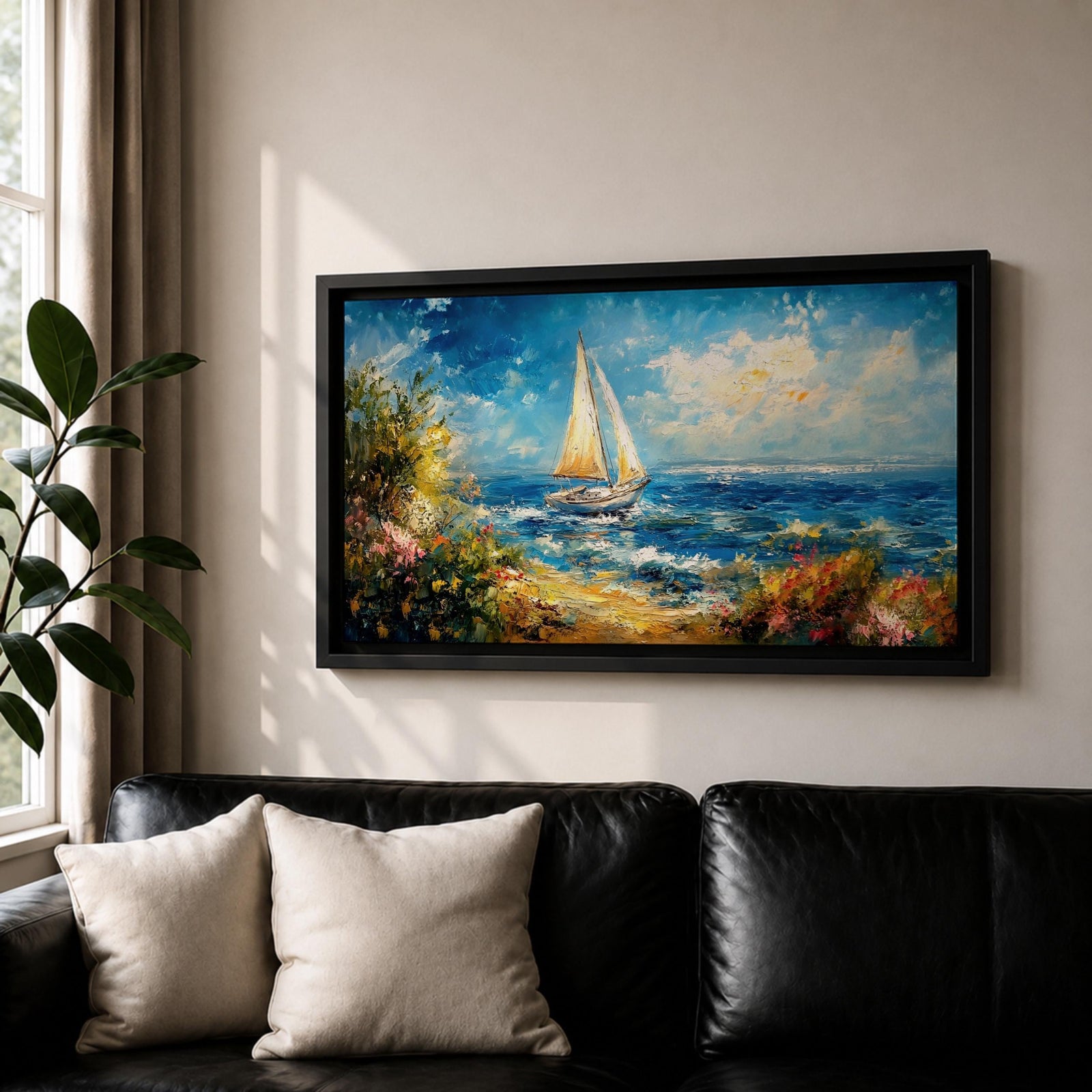 A panoramic impressionist style painting of a sailboat gliding across a sunlit ocean, with textured brushstrokes capturing rolling blue waves, a bright sky with scattered clouds, and a vibrant coastal shoreline filled with blooming flowers and greenery, creating a dynamic seaside composition full of movement and light.