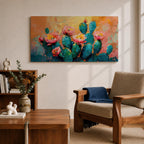 A panoramic textured painting of prickly pear cactus pads in rich teal tones adorned with blooming pink and coral flowers, set against a warm abstract desert background of golden orange and soft pastels, rendered with thick brushstrokes that create depth, contrast, and a vibrant southwestern composition.