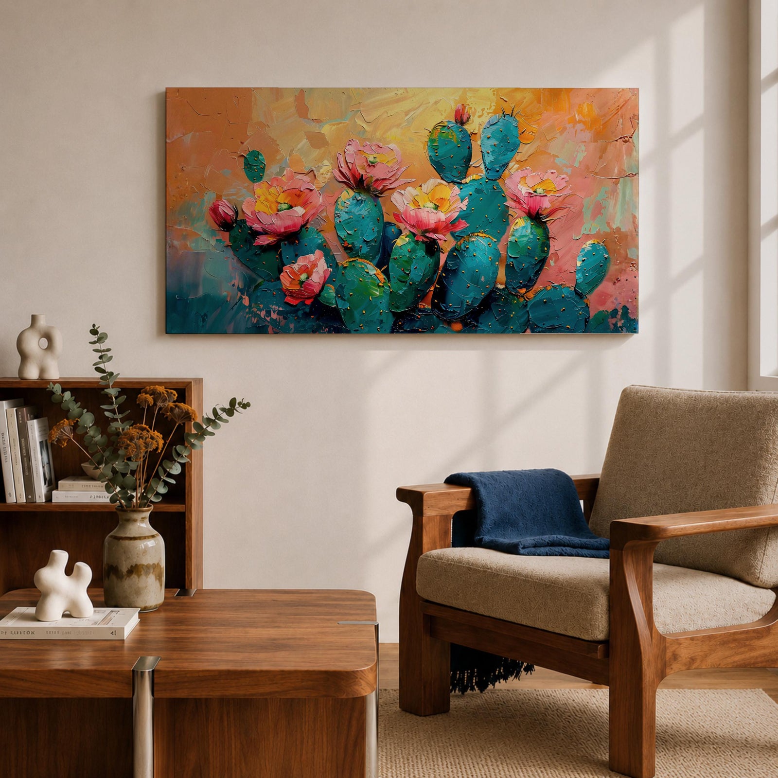 A panoramic textured painting of prickly pear cactus pads in rich teal tones adorned with blooming pink and coral flowers, set against a warm abstract desert background of golden orange and soft pastels, rendered with thick brushstrokes that create depth, contrast, and a vibrant southwestern composition.