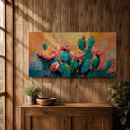 A panoramic textured painting of prickly pear cactus pads in rich teal tones adorned with blooming pink and coral flowers, set against a warm abstract desert background of golden orange and soft pastels, rendered with thick brushstrokes that create depth, contrast, and a vibrant southwestern composition.