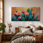 A panoramic textured painting of prickly pear cactus pads in rich teal tones adorned with blooming pink and coral flowers, set against a warm abstract desert background of golden orange and soft pastels, rendered with thick brushstrokes that create depth, contrast, and a vibrant southwestern composition.