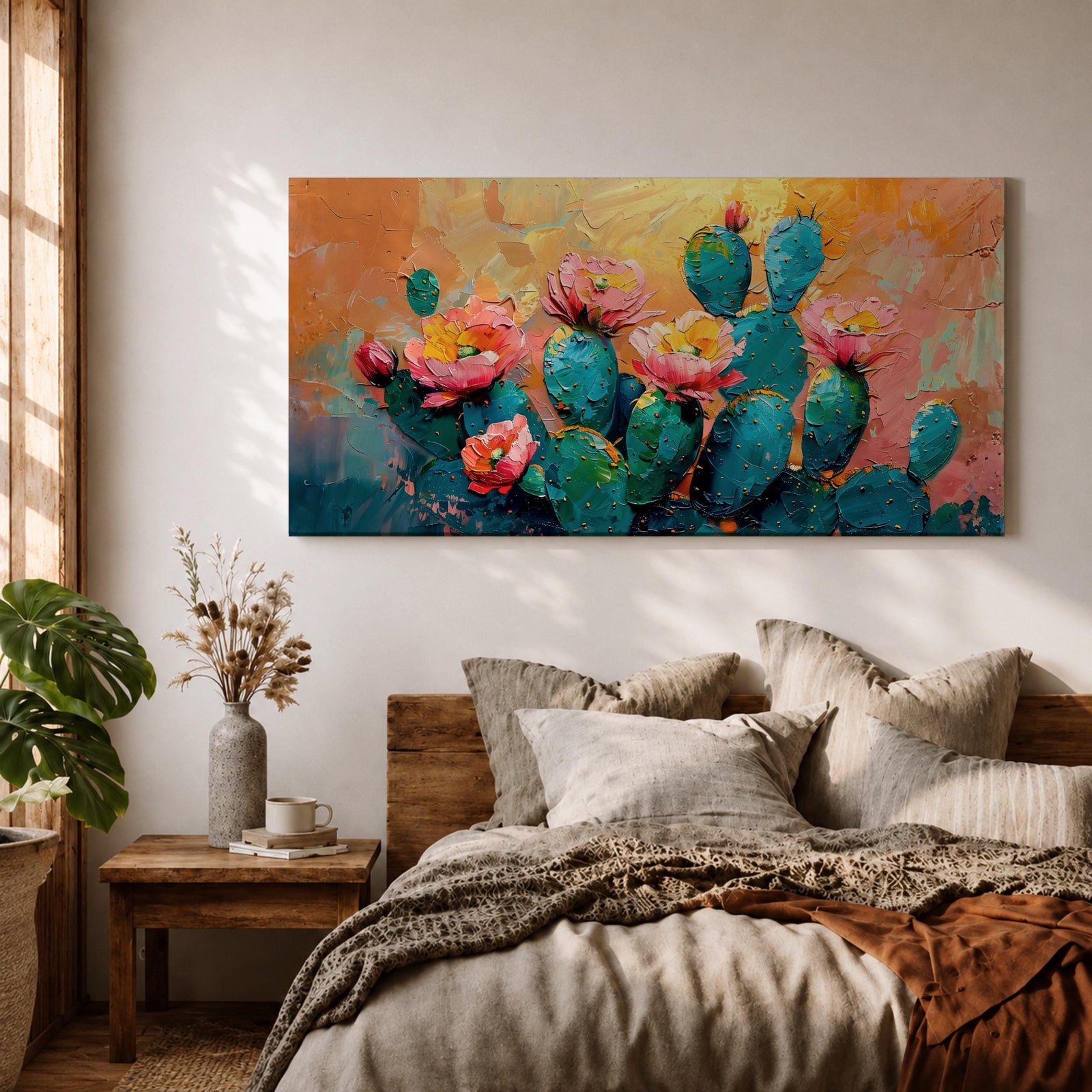 A panoramic textured painting of prickly pear cactus pads in rich teal tones adorned with blooming pink and coral flowers, set against a warm abstract desert background of golden orange and soft pastels, rendered with thick brushstrokes that create depth, contrast, and a vibrant southwestern composition.