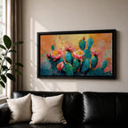 A panoramic textured painting of prickly pear cactus pads in rich teal tones adorned with blooming pink and coral flowers, set against a warm abstract desert background of golden orange and soft pastels, rendered with thick brushstrokes that create depth, contrast, and a vibrant southwestern composition.