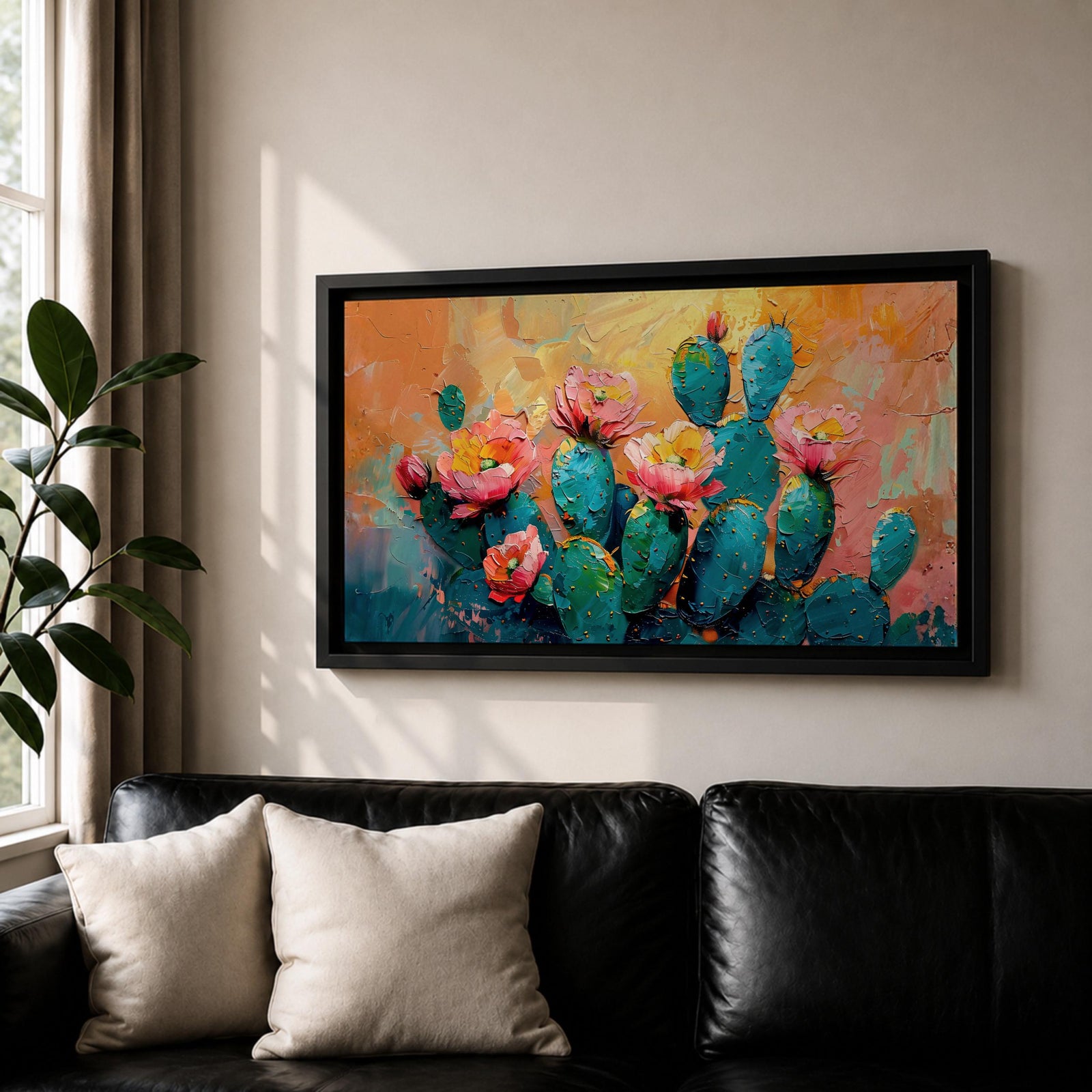 A panoramic textured painting of prickly pear cactus pads in rich teal tones adorned with blooming pink and coral flowers, set against a warm abstract desert background of golden orange and soft pastels, rendered with thick brushstrokes that create depth, contrast, and a vibrant southwestern composition.