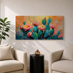 A panoramic textured painting of prickly pear cactus pads in rich teal tones adorned with blooming pink and coral flowers, set against a warm abstract desert background of golden orange and soft pastels, rendered with thick brushstrokes that create depth, contrast, and a vibrant southwestern composition.