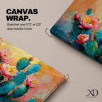 A panoramic textured painting of prickly pear cactus pads in rich teal tones adorned with blooming pink and coral flowers, set against a warm abstract desert background of golden orange and soft pastels, rendered with thick brushstrokes that create depth, contrast, and a vibrant southwestern composition.