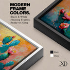 A panoramic textured painting of prickly pear cactus pads in rich teal tones adorned with blooming pink and coral flowers, set against a warm abstract desert background of golden orange and soft pastels, rendered with thick brushstrokes that create depth, contrast, and a vibrant southwestern composition.