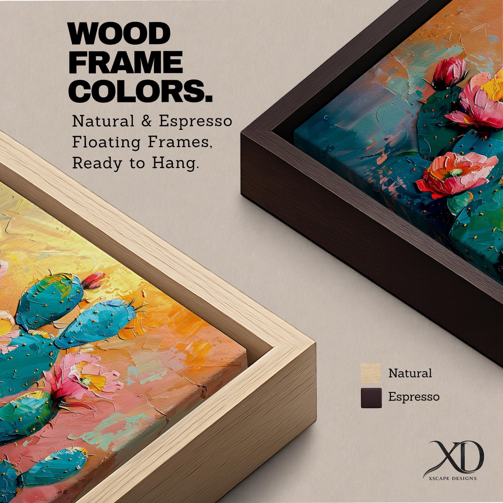 A panoramic textured painting of prickly pear cactus pads in rich teal tones adorned with blooming pink and coral flowers, set against a warm abstract desert background of golden orange and soft pastels, rendered with thick brushstrokes that create depth, contrast, and a vibrant southwestern composition.