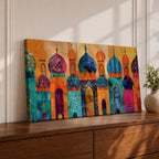 A panoramic painting of colorful Moroccan architecture featuring a row of ornate domes and arches with intricate geometric patterns, layered in a vibrant cityscape composition, rendered in bold textured brushstrokes that emphasize symmetry, cultural motifs, and rhythmic architectural repetition