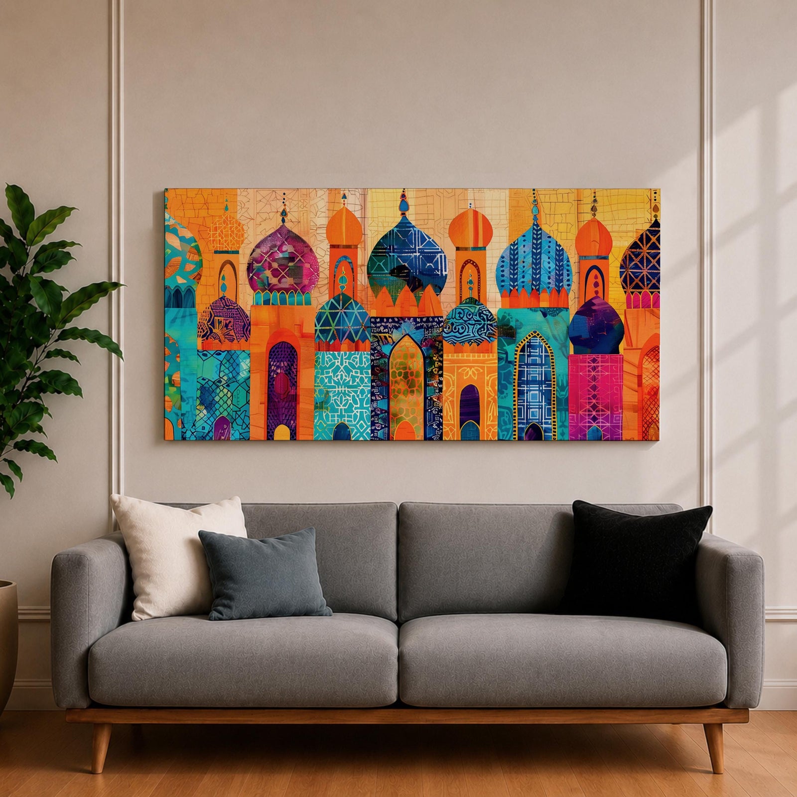 A panoramic painting of colorful Moroccan architecture featuring a row of ornate domes and arches with intricate geometric patterns, layered in a vibrant cityscape composition, rendered in bold textured brushstrokes that emphasize symmetry, cultural motifs, and rhythmic architectural repetition