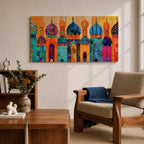 A panoramic painting of colorful Moroccan architecture featuring a row of ornate domes and arches with intricate geometric patterns, layered in a vibrant cityscape composition, rendered in bold textured brushstrokes that emphasize symmetry, cultural motifs, and rhythmic architectural repetition