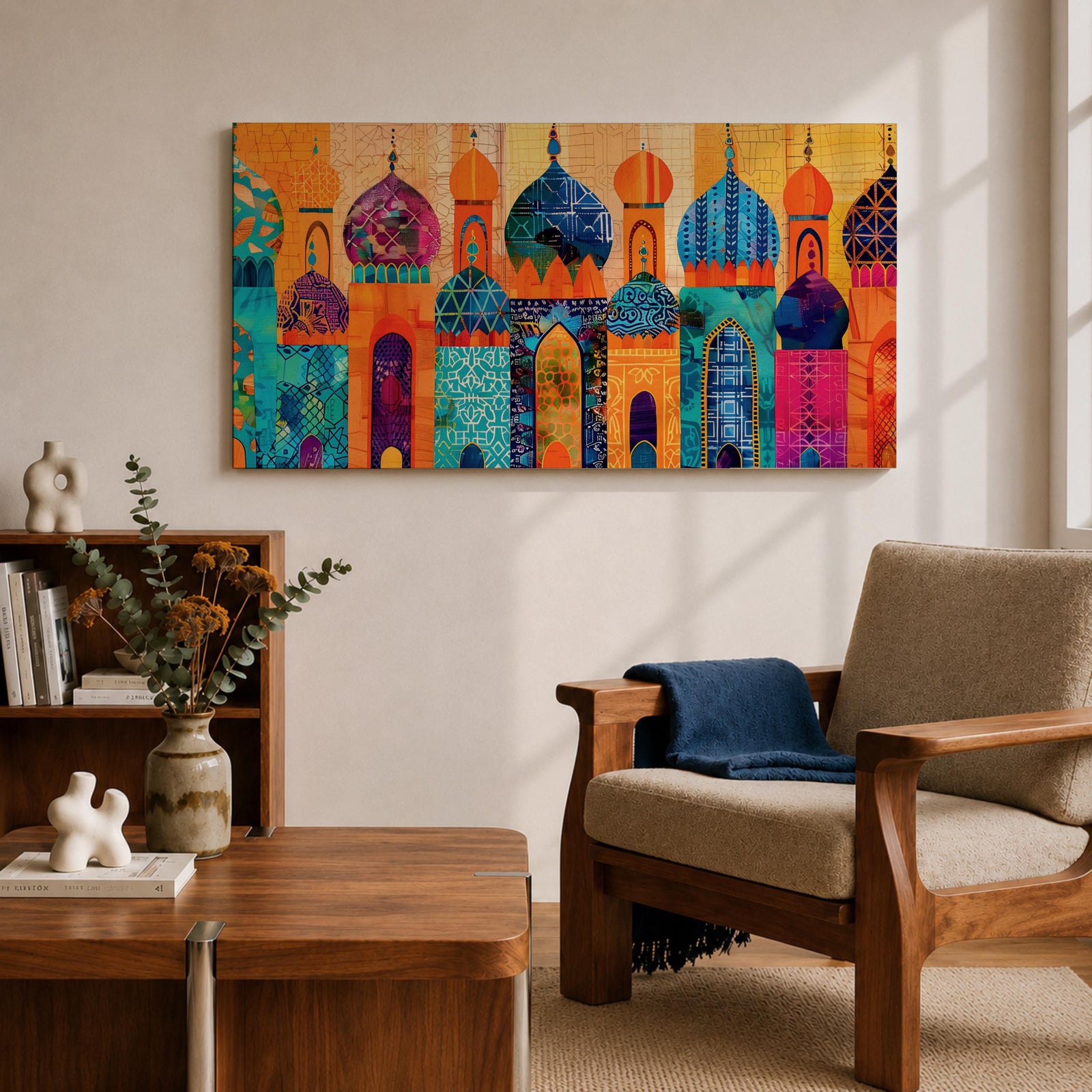 A panoramic painting of colorful Moroccan architecture featuring a row of ornate domes and arches with intricate geometric patterns, layered in a vibrant cityscape composition, rendered in bold textured brushstrokes that emphasize symmetry, cultural motifs, and rhythmic architectural repetition