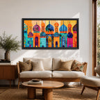A panoramic painting of colorful Moroccan architecture featuring a row of ornate domes and arches with intricate geometric patterns, layered in a vibrant cityscape composition, rendered in bold textured brushstrokes that emphasize symmetry, cultural motifs, and rhythmic architectural repetition
