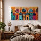 A panoramic painting of colorful Moroccan architecture featuring a row of ornate domes and arches with intricate geometric patterns, layered in a vibrant cityscape composition, rendered in bold textured brushstrokes that emphasize symmetry, cultural motifs, and rhythmic architectural repetition
