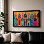 A panoramic painting of colorful Moroccan architecture featuring a row of ornate domes and arches with intricate geometric patterns, layered in a vibrant cityscape composition, rendered in bold textured brushstrokes that emphasize symmetry, cultural motifs, and rhythmic architectural repetition