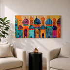 A panoramic painting of colorful Moroccan architecture featuring a row of ornate domes and arches with intricate geometric patterns, layered in a vibrant cityscape composition, rendered in bold textured brushstrokes that emphasize symmetry, cultural motifs, and rhythmic architectural repetition