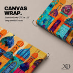 A panoramic painting of colorful Moroccan architecture featuring a row of ornate domes and arches with intricate geometric patterns, layered in a vibrant cityscape composition, rendered in bold textured brushstrokes that emphasize symmetry, cultural motifs, and rhythmic architectural repetition