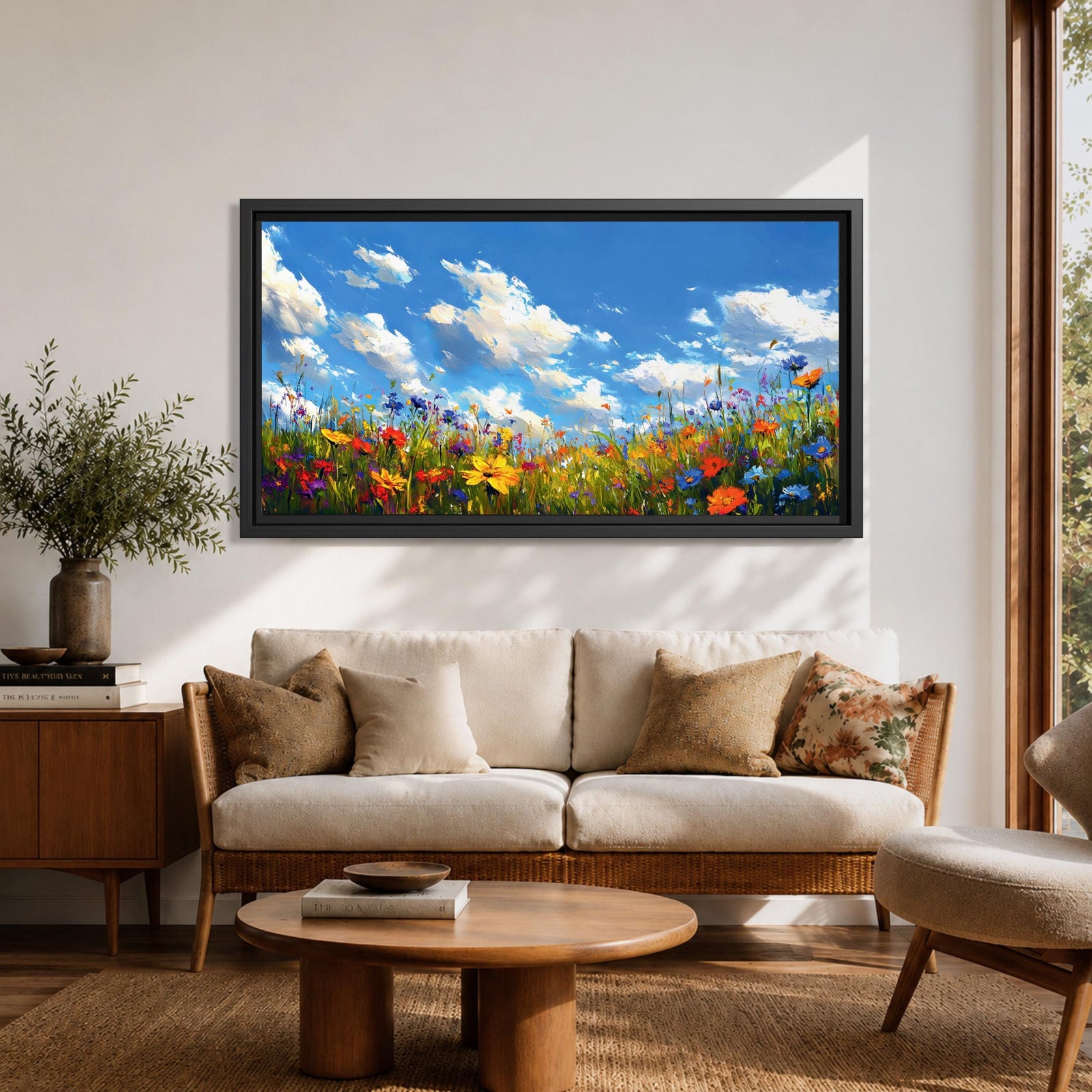 A panoramic painting of a colorful wildflower meadow under a bright blue sky with soft clouds, creating a vibrant and uplifting landscape scene.