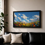 A panoramic painting of a colorful wildflower meadow under a bright blue sky with soft clouds, creating a vibrant and uplifting landscape scene.