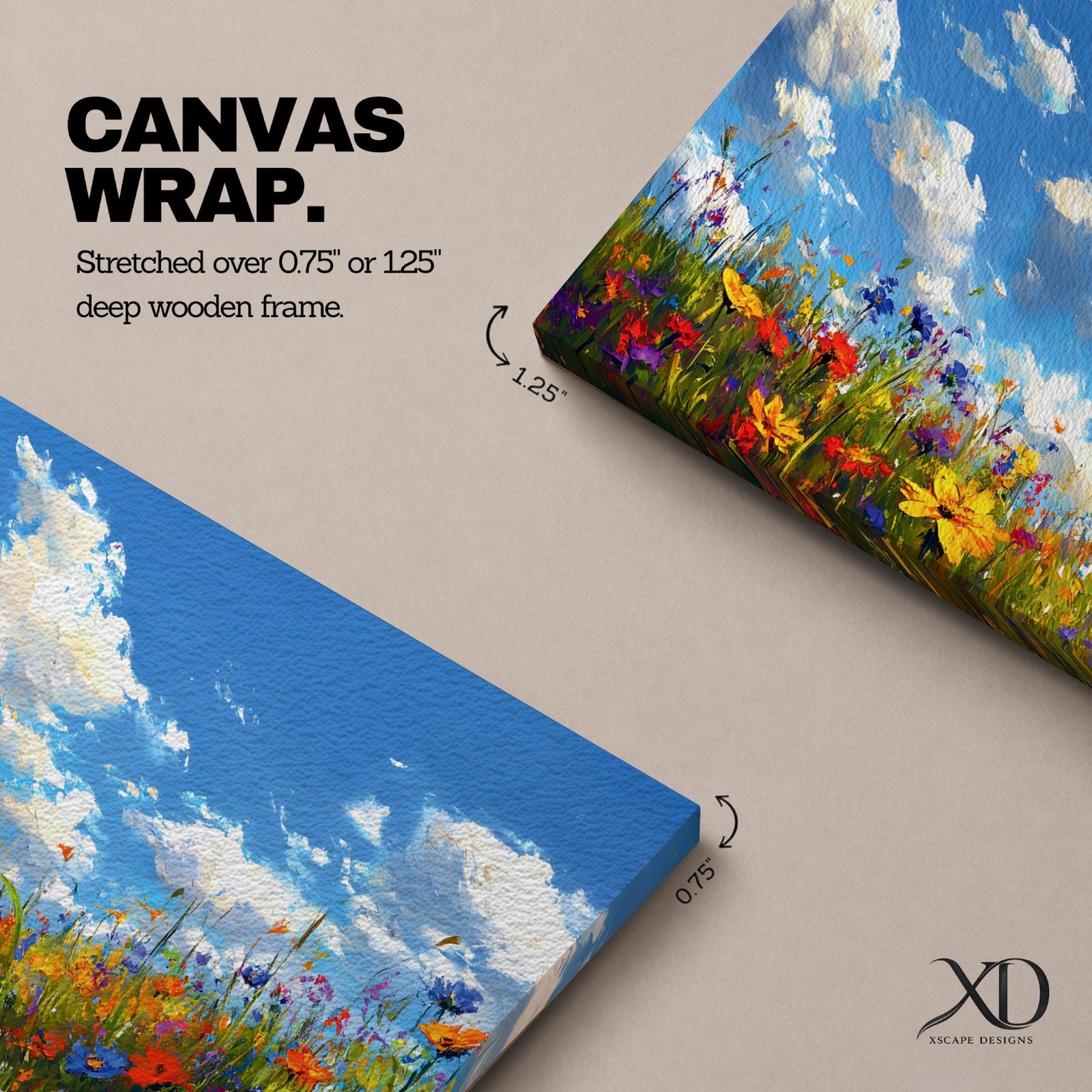 A panoramic painting of a colorful wildflower meadow under a bright blue sky with soft clouds, creating a vibrant and uplifting landscape scene.