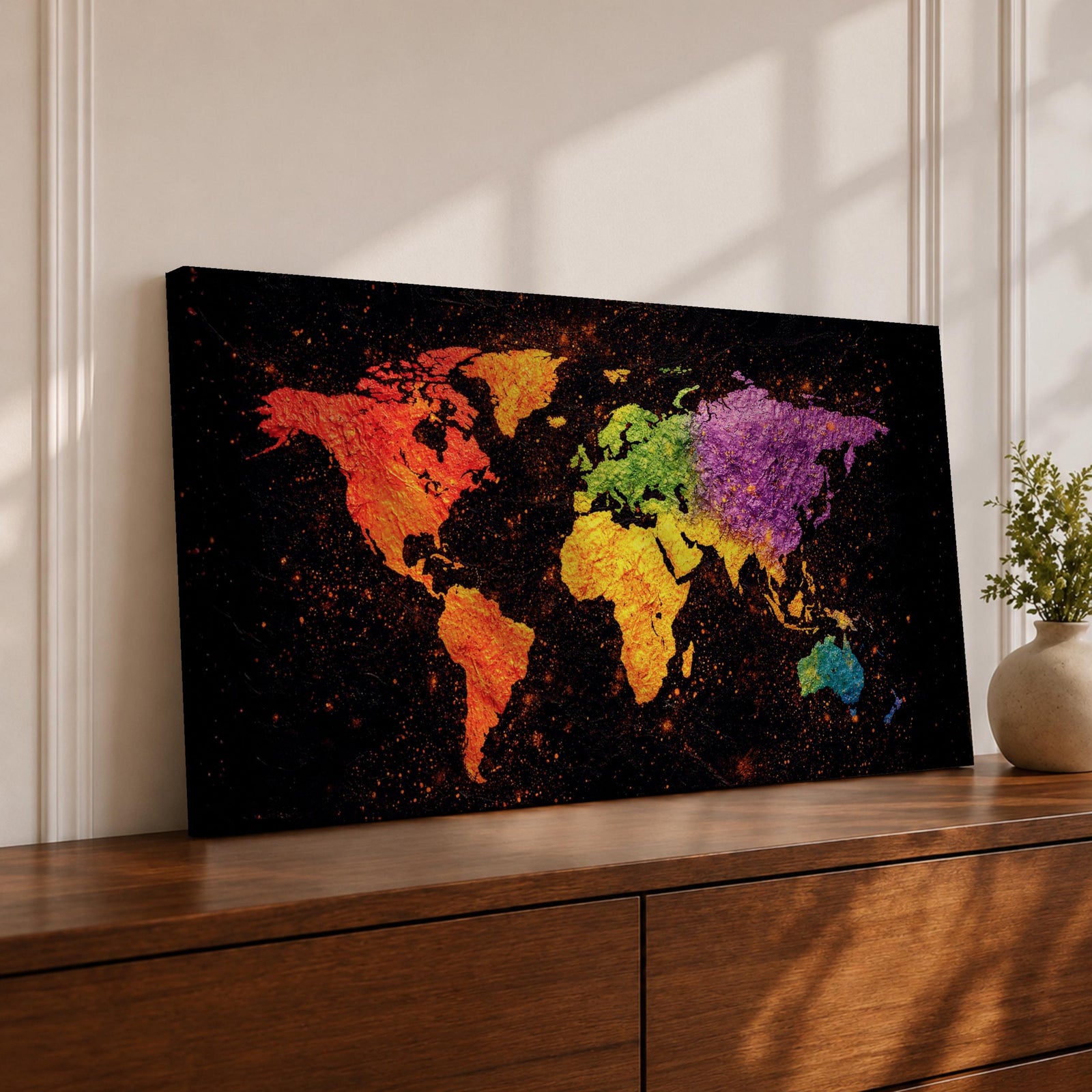 A panoramic typographic world map artwork displaying continents formed through layered text and subtle geographic outlines, rendered in a modern textured style with balanced spacing across an extra wide composition that combines clean cartographic structure with artistic surface depth and visual rhythm.