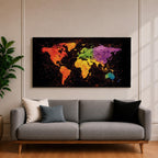 A panoramic typographic world map artwork displaying continents formed through layered text and subtle geographic outlines, rendered in a modern textured style with balanced spacing across an extra wide composition that combines clean cartographic structure with artistic surface depth and visual rhythm.