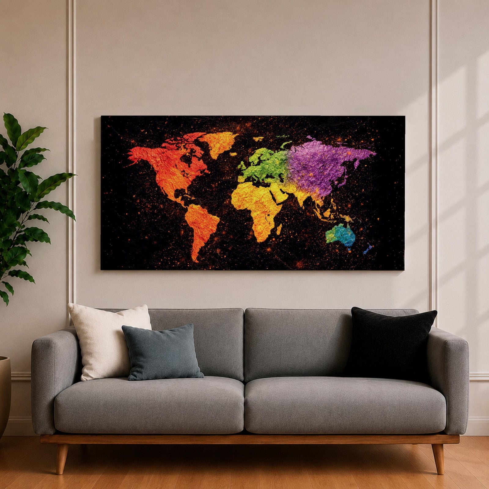 A panoramic typographic world map artwork displaying continents formed through layered text and subtle geographic outlines, rendered in a modern textured style with balanced spacing across an extra wide composition that combines clean cartographic structure with artistic surface depth and visual rhythm.