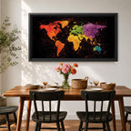 A panoramic typographic world map artwork displaying continents formed through layered text and subtle geographic outlines, rendered in a modern textured style with balanced spacing across an extra wide composition that combines clean cartographic structure with artistic surface depth and visual rhythm.