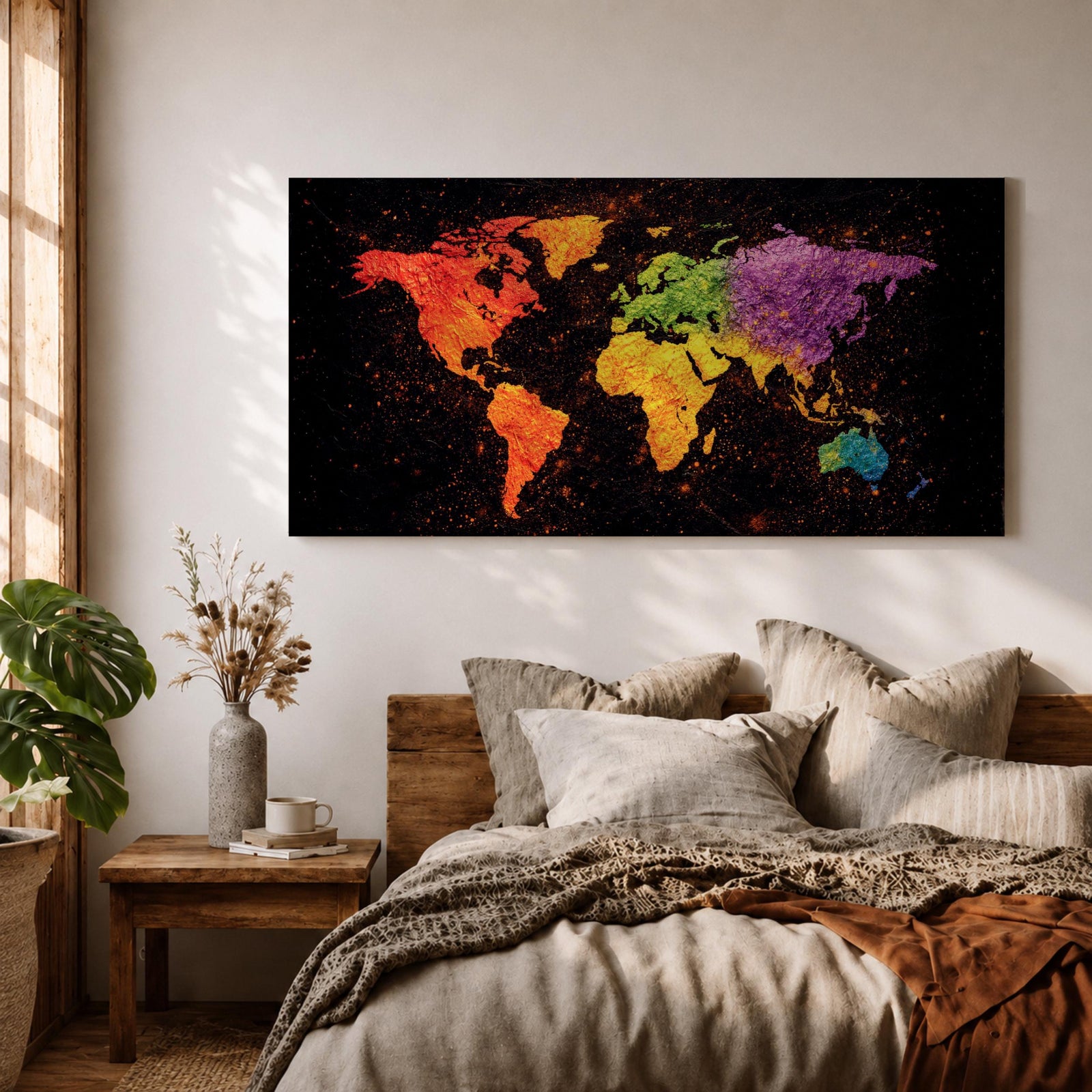 A panoramic typographic world map artwork displaying continents formed through layered text and subtle geographic outlines, rendered in a modern textured style with balanced spacing across an extra wide composition that combines clean cartographic structure with artistic surface depth and visual rhythm.