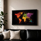 A panoramic typographic world map artwork displaying continents formed through layered text and subtle geographic outlines, rendered in a modern textured style with balanced spacing across an extra wide composition that combines clean cartographic structure with artistic surface depth and visual rhythm.