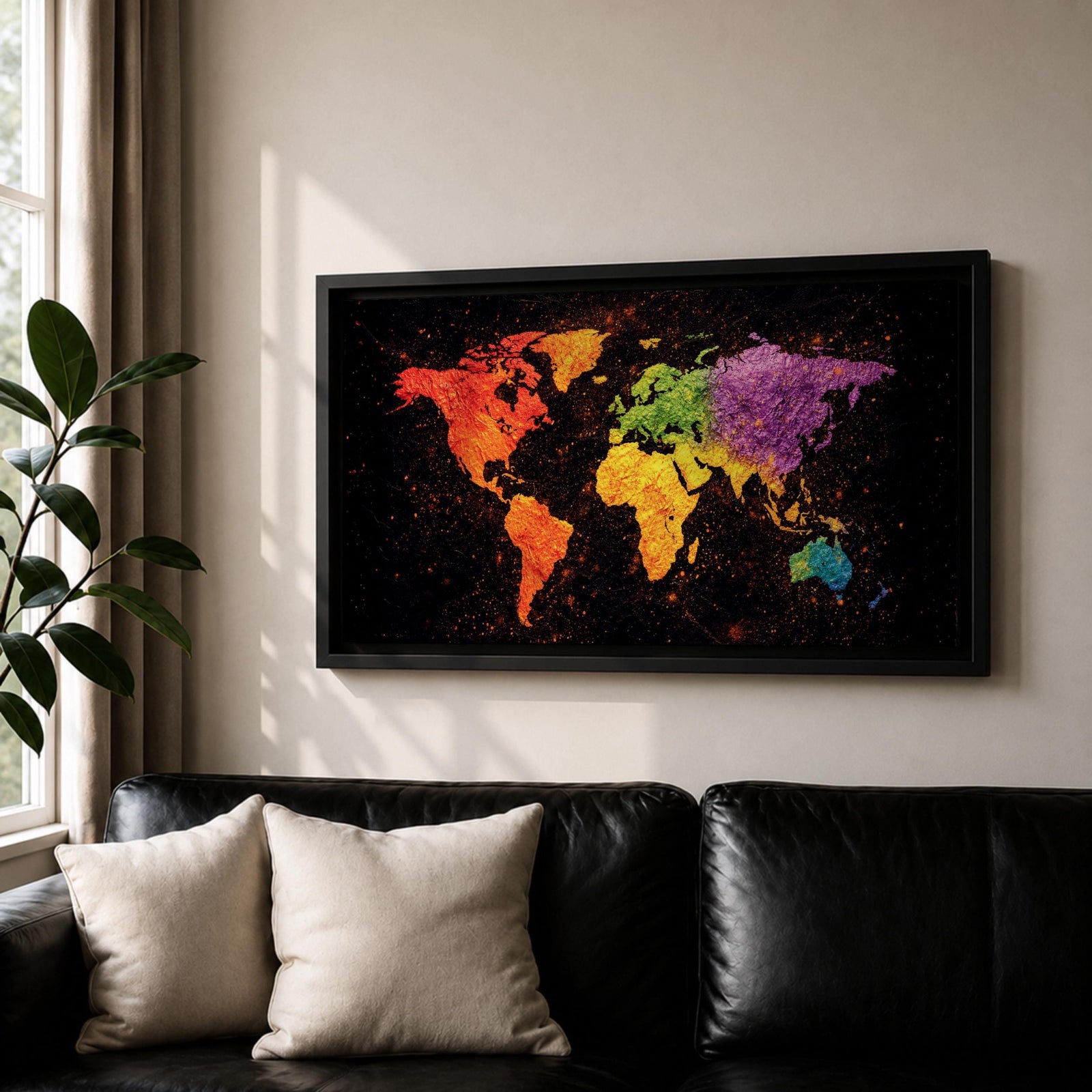 A panoramic typographic world map artwork displaying continents formed through layered text and subtle geographic outlines, rendered in a modern textured style with balanced spacing across an extra wide composition that combines clean cartographic structure with artistic surface depth and visual rhythm.