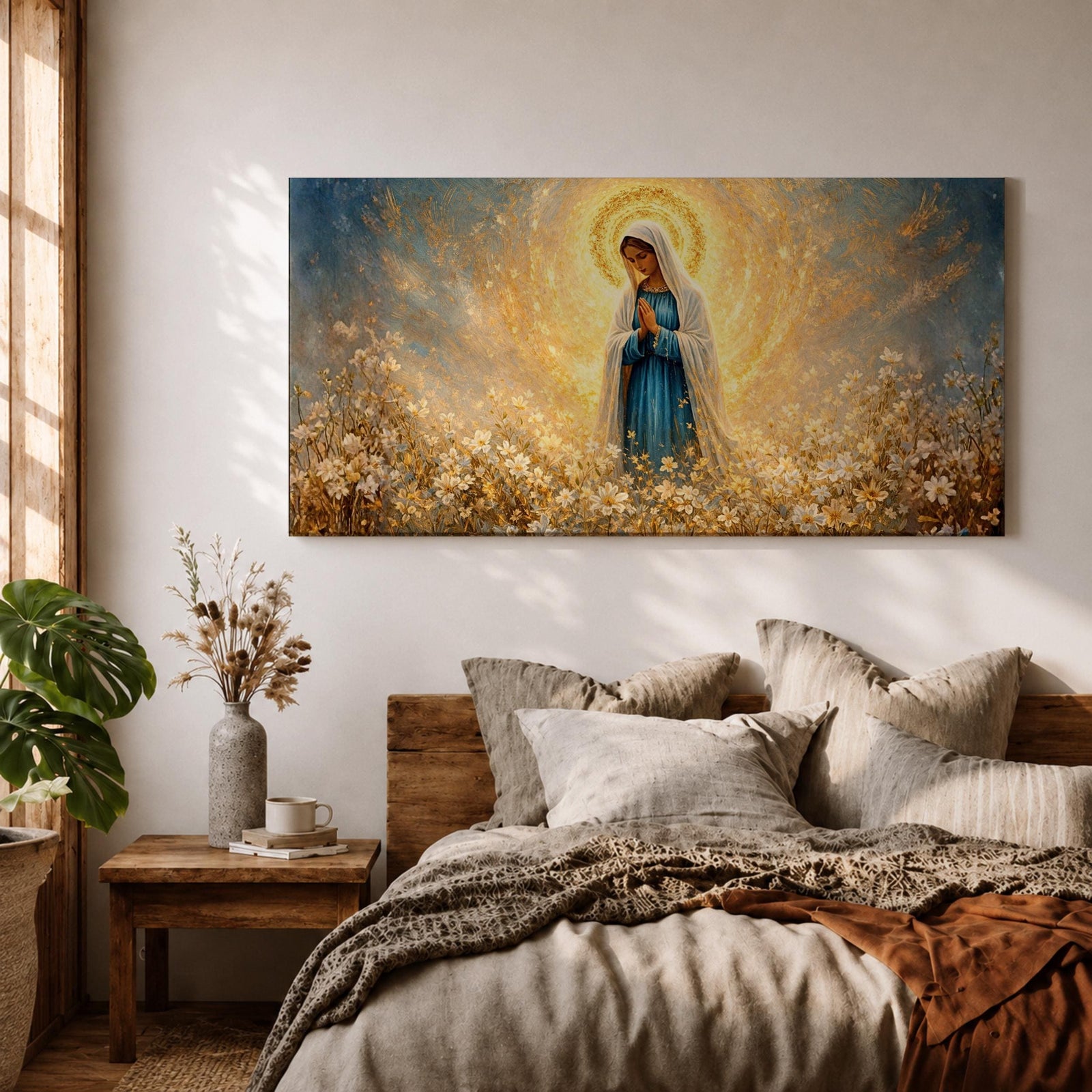 A glowing portrait of Virgin Mary stands in prayer within a wildflower meadow, surrounded by white blossoms and a radiant golden halo, painted in a textured style with luminous blue and gold tones, soft brushwork, and a serene devotional composition blending floral scenery with sacred light.