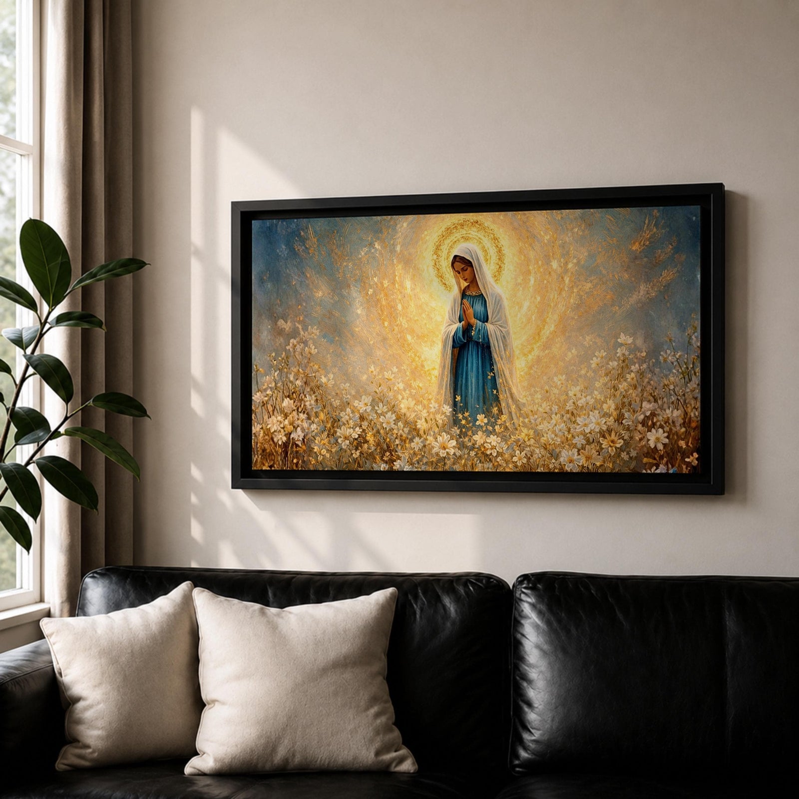 A glowing portrait of Virgin Mary stands in prayer within a wildflower meadow, surrounded by white blossoms and a radiant golden halo, painted in a textured style with luminous blue and gold tones, soft brushwork, and a serene devotional composition blending floral scenery with sacred light.