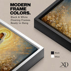A glowing portrait of Virgin Mary stands in prayer within a wildflower meadow, surrounded by white blossoms and a radiant golden halo, painted in a textured style with luminous blue and gold tones, soft brushwork, and a serene devotional composition blending floral scenery with sacred light.