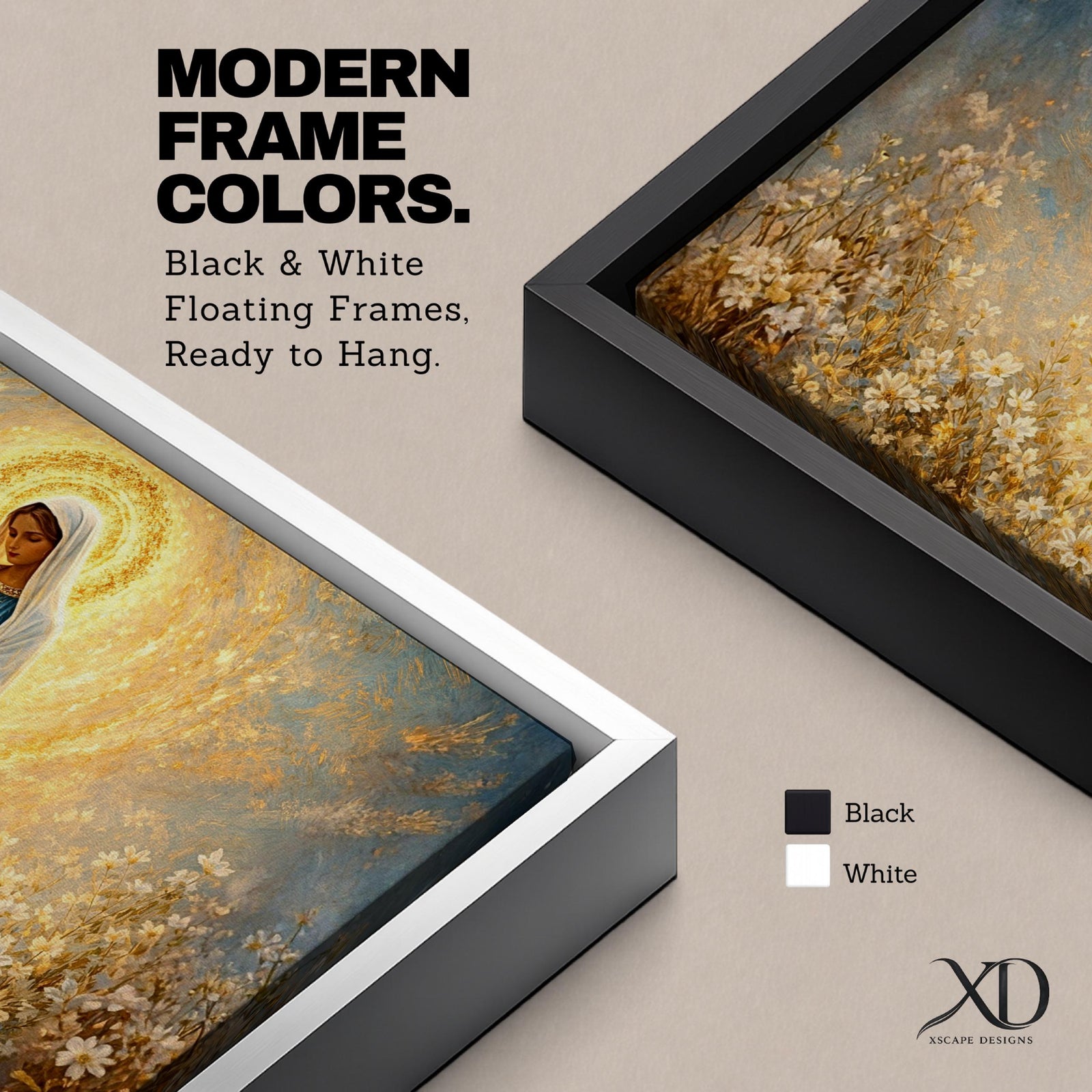 A glowing portrait of Virgin Mary stands in prayer within a wildflower meadow, surrounded by white blossoms and a radiant golden halo, painted in a textured style with luminous blue and gold tones, soft brushwork, and a serene devotional composition blending floral scenery with sacred light.