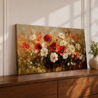 A panoramic painting of a wildflower meadow featuring red poppies and soft white blossoms clustered together, rendered in an impressionistic style with textured brushstrokes, warm earthy tones, and blended light that creates depth and movement across a wide floral landscape composition.