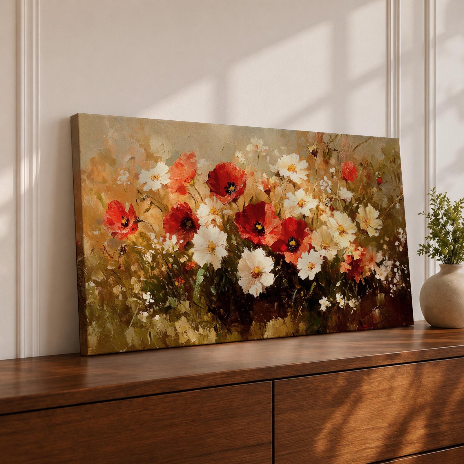 A panoramic painting of a wildflower meadow featuring red poppies and soft white blossoms clustered together, rendered in an impressionistic style with textured brushstrokes, warm earthy tones, and blended light that creates depth and movement across a wide floral landscape composition.
