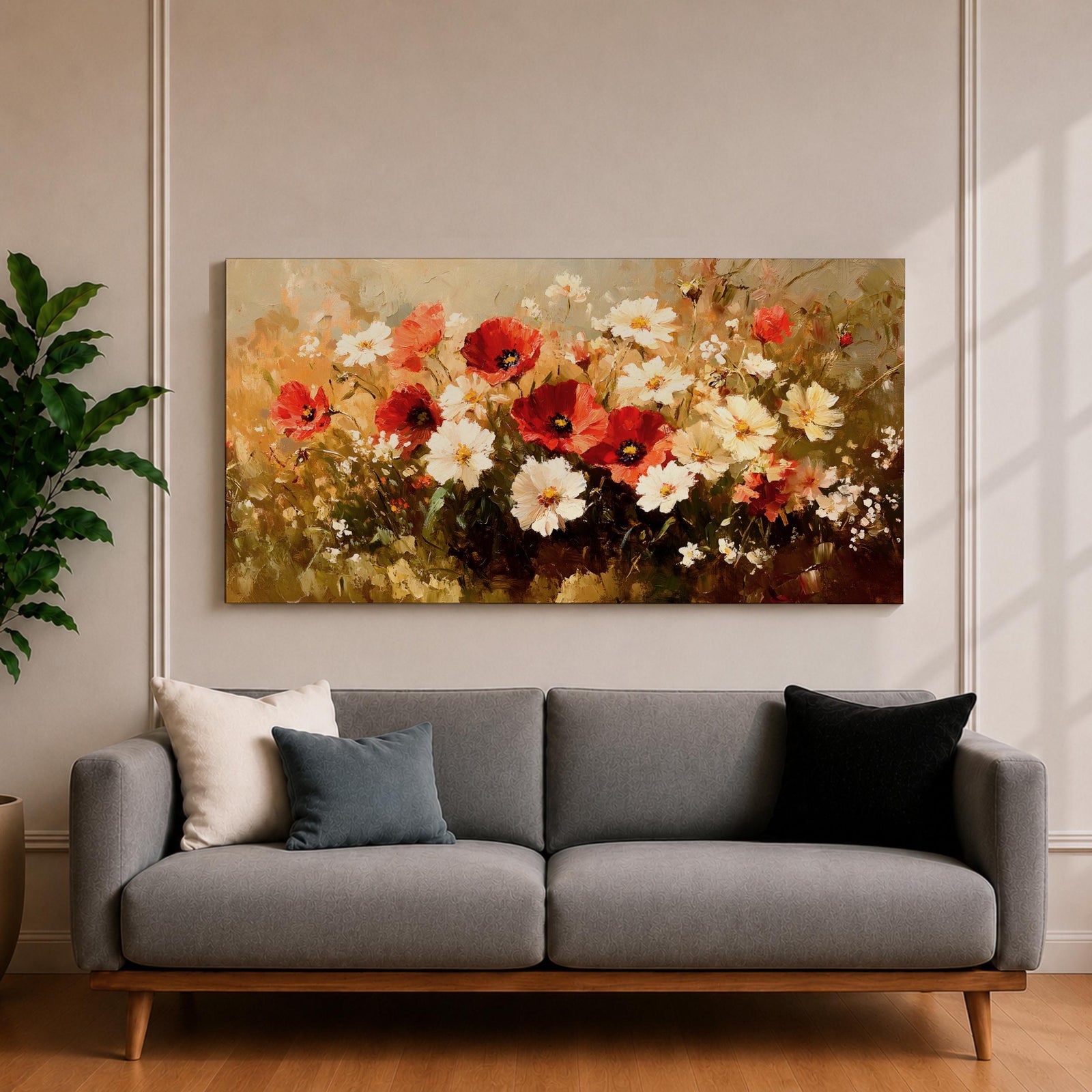 A panoramic painting of a wildflower meadow featuring red poppies and soft white blossoms clustered together, rendered in an impressionistic style with textured brushstrokes, warm earthy tones, and blended light that creates depth and movement across a wide floral landscape composition.