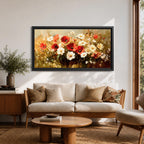 A panoramic painting of a wildflower meadow featuring red poppies and soft white blossoms clustered together, rendered in an impressionistic style with textured brushstrokes, warm earthy tones, and blended light that creates depth and movement across a wide floral landscape composition.