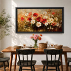 A panoramic painting of a wildflower meadow featuring red poppies and soft white blossoms clustered together, rendered in an impressionistic style with textured brushstrokes, warm earthy tones, and blended light that creates depth and movement across a wide floral landscape composition.