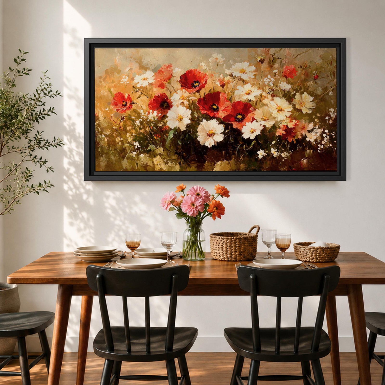 A panoramic painting of a wildflower meadow featuring red poppies and soft white blossoms clustered together, rendered in an impressionistic style with textured brushstrokes, warm earthy tones, and blended light that creates depth and movement across a wide floral landscape composition.