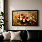 A panoramic painting of a wildflower meadow featuring red poppies and soft white blossoms clustered together, rendered in an impressionistic style with textured brushstrokes, warm earthy tones, and blended light that creates depth and movement across a wide floral landscape composition.